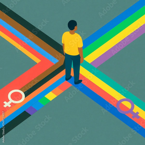 Fototapeta Illustration of a person at a rainbow-colored intersection with gender symbols, representing intersectionality, LGBTQ identity, diversity, and gender inclusivity