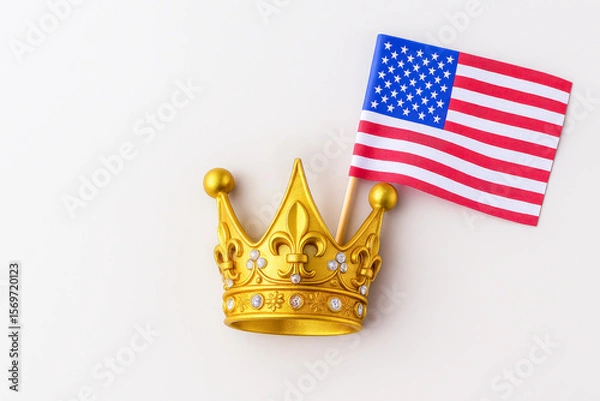 Fototapeta Symbolic image of a gold royal crown paired with the U.S. flag, representing American power, leadership, patriotism, and authority.