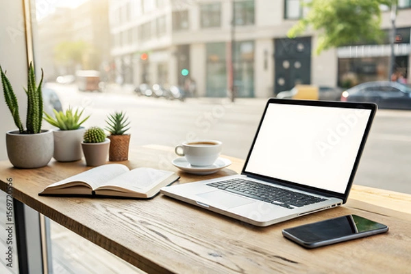 Fototapeta Minimal Office Desk with Laptop, Notebook, and Greenery