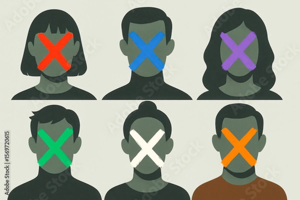 Fototapeta Abstract artwork showing six faceless figures with colorful X marks over their faces, symbolizing cancel culture, silencing, and social exclusion.