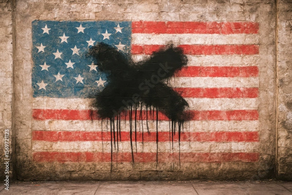 Fototapeta Street art showing a large black X spray-painted over a U.S. flag mural, symbolizing protest, dissent, or political discontent in America.