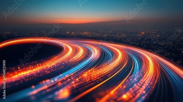 Fototapeta City lights trails at twilight, abstract, dynamic movement, night city view, for digital art or design, use in presentation or advertisement, or background