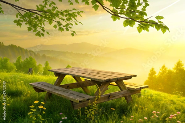 Fototapeta Serene Landscape with Bench in Blooming Garden