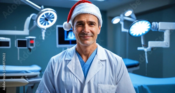 Fototapeta Surgeon doctor in white coat and Santa Claus New Year's hat against the background of a modern operating room. New Year greeting concept