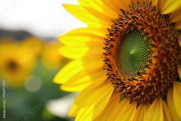 Fototapeta Ripe Sunflower Head Abundant with Dark Brown Seeds Ready for Harvest, Close-Up