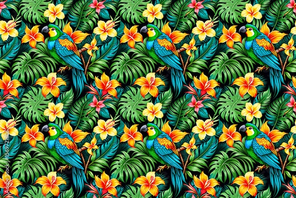 Fototapeta Vibrant seamless pattern with exotic parrots and lush tropical plants, botanical design for textile, fabric and wrapping paper