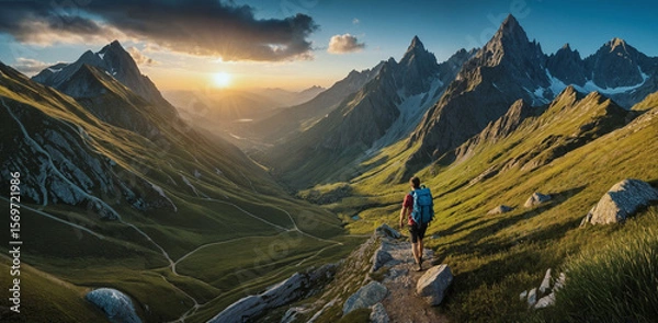 Fototapeta A tourist with a large hiking backpack travels in the mountains against the backdrop of magnificent mountain ranges in the rays of the setting sun. The concept of travel