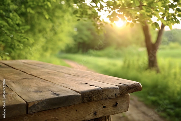 Fototapeta Serene Greenery Scene with Wooden Deck and Tree Branch