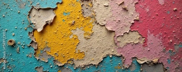 Fototapeta Weathered Wooden Surface with Peeling Paint Layers of Colorful Texture Reveal Aged Beauty