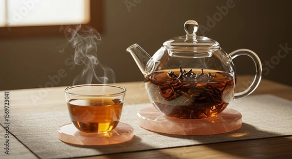 Fototapeta Amber Infusion Ritual - Crystal Teapot with Dancing Tea Leaves AI-Generated