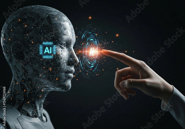 Fototapeta Technological innovation: a human hand interacting with an AI interface emanating from a futuristic head.
