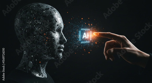 Fototapeta Robotic head with a network design, engaging with a glowing blue AI interface for technological innovation.