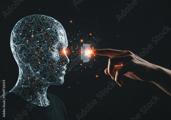 Fototapeta A human hand touching a vibrant AI holographic display, representing the future of machine learning.