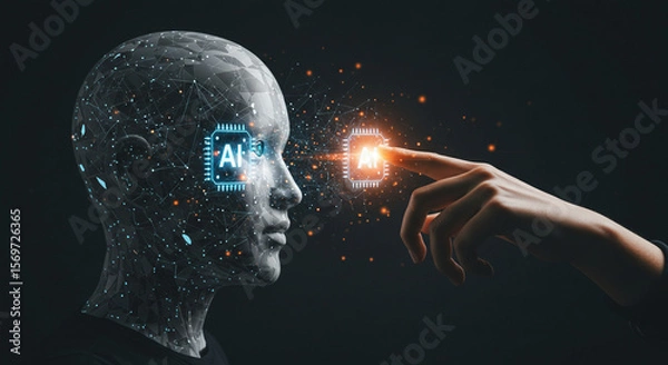 Fototapeta Futuristic AI human head interacting with a glowing digital interface, symbolizing advanced artificial intelligence.