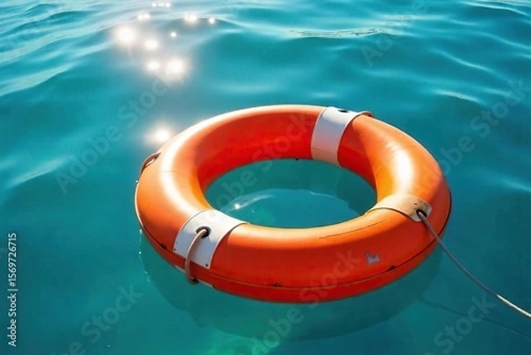 Fototapeta Vibrant Orange Life Preserver Floating on Calm Blue Lake Water Under Sunshine