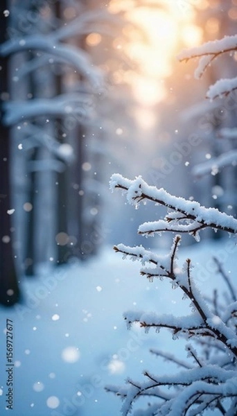 Fototapeta Dreamy Winter Wonderland Blurred Frozen Branches and Falling Snow, Perfect Background for Websites and Winter Projects