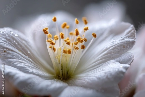 Obraz Upclose photo of a white flower with prominent yellow stamens some droplets on petals