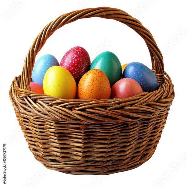 Fototapeta A woven easter basket filled with colorful speckled eggs isolated on transparent background