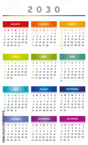 Fototapeta Calendrier 2030 en Anglais - Couleurs Arc-en-Ciel Format 3 Colonnes 4 Trimestres