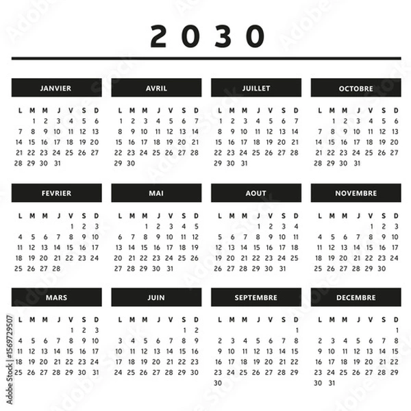 Fototapeta Calendrier 2030 en Français - Couleurs Noir et Blanc Format 4 Trimestres