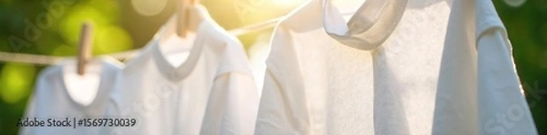 Fototapeta Crisp White Shirts Air Drying on Clothesline, Sunlight Illuminating Pure Linen Fabric - Serenity and Calm Domestic Scene
