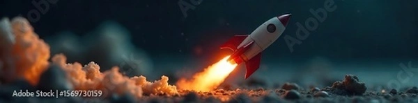 Fototapeta Sleek Rocket Ready for Launch Close-up of Gleaming Metallic Surface and Fiery Exhaust Nozzle Against a Dark Background