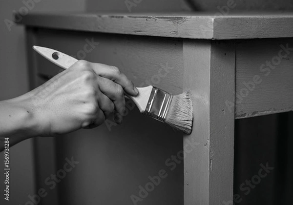 Fototapeta Close-up of hand using brush to paint wooden furniture with smooth gray paint
