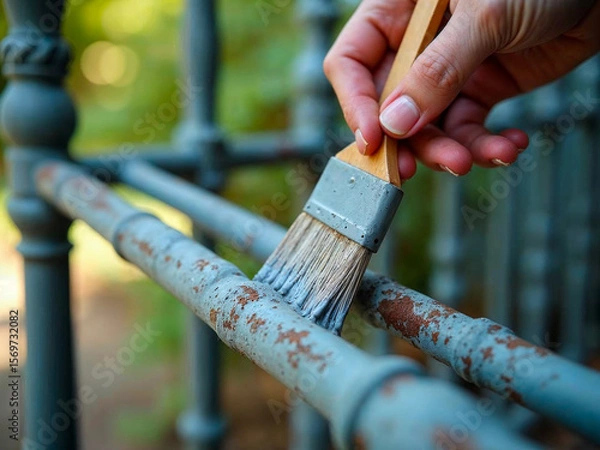 Fototapeta Hand Painting Rusty Metal Railing with Protective Coating