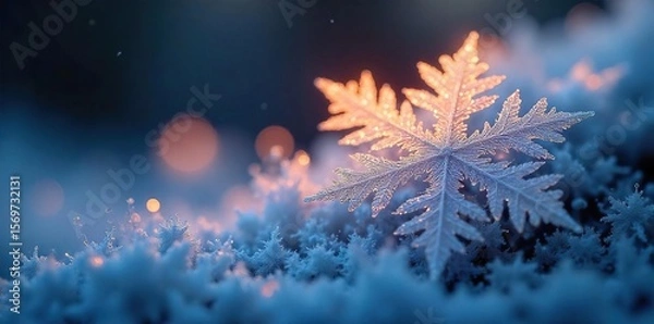 Fototapeta Sparkling Snowflakes A Close-Up of Delicate Ice Crystals Illuminated by Warm Light, Creating a Magical Winter Scene Perfect for Holiday Cards, Winter Backgrounds, and Festive Designs.