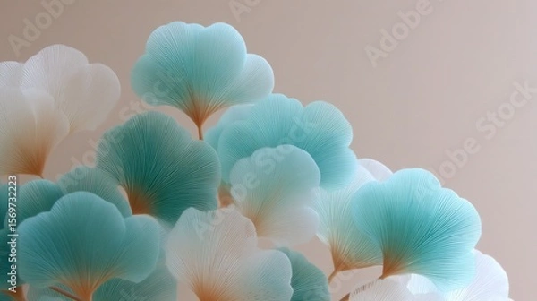Fototapeta Close-up of translucent blue and white ginkgo leaves with soft lighting