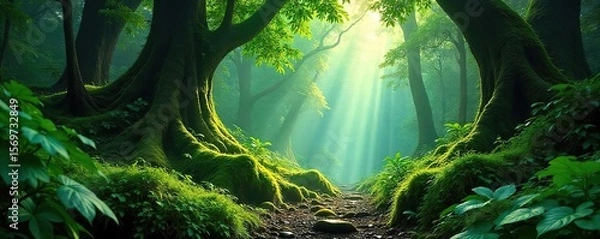Fototapeta Discover the Mysteries of a Lush, Untouched Rainforest Sunlight Dapples Through the Ancient Canopy, Revealing a Teeming World of Life