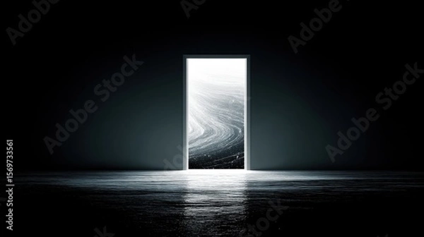 Fototapeta Open doorway revealing swirling cosmic pattern with light reflection