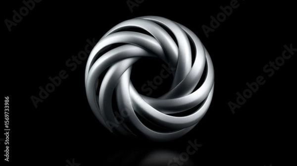 Fototapeta Silver metallic torus with twisted design on black reflective background