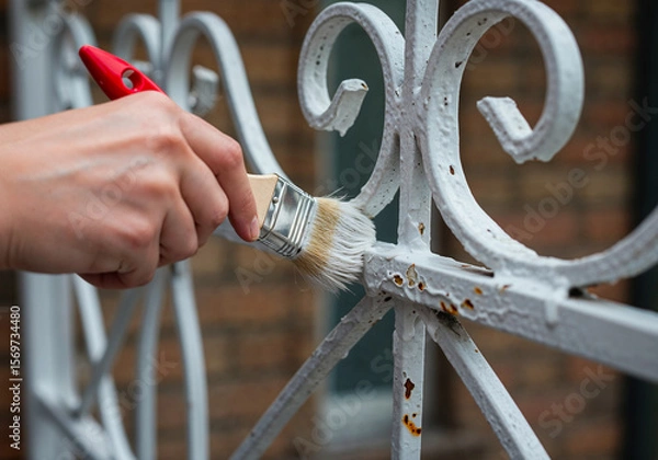 Fototapeta Hand Painting Rusty Metal Railing with Protective Coating