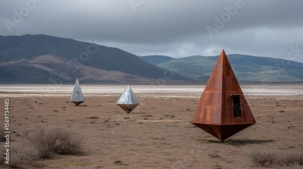 Fototapeta Metal pyramid sculptures standing on arid land with mountainous background
