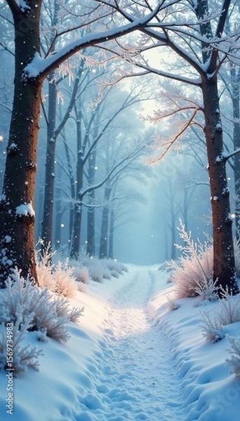Fototapeta Magical Winter Wonderland Frosted Trees, Sparkling Icicles, and a Snow-Covered Path bathed in soft, enchanting light. Perfect for winter holiday cards, websites, and social media.