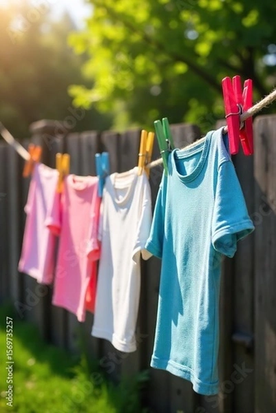 Fototapeta Sun-Drenched Laundry Drying on a Rustic Fence Freshly Washed Clothes Gently Blowing in a Summer Breeze, Secured with Brightly Colored Clothespins
