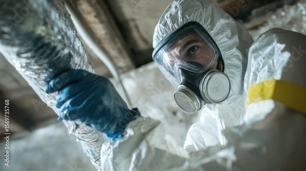Fototapeta Protective gear inspector examining insulation in a building's crawl space