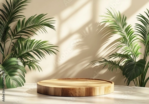 Fototapeta Minimalist display with tropical leaves and a wooden platform.