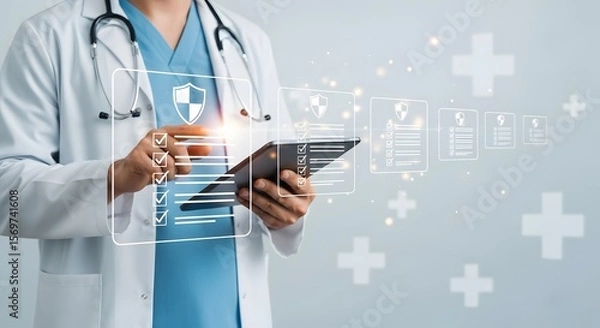 Fototapeta Doctor uses a tablet to check patient medical records, accessing healthcare information technology with a modern digital interface