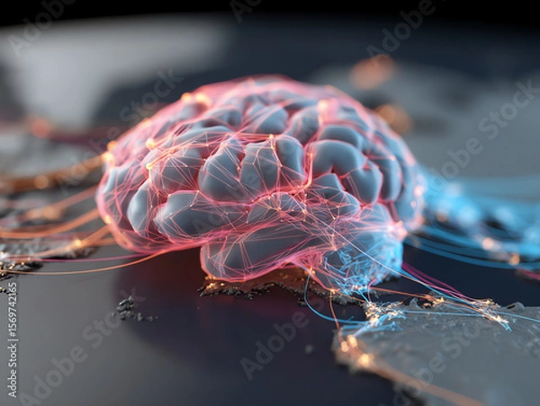 Fototapeta Neural networks visualized as glowing brain image.