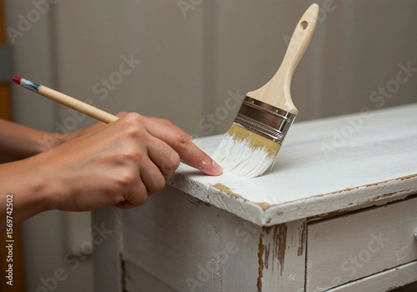 Fototapeta Close-up of a person painting a wooden board with white paint using a flat brush