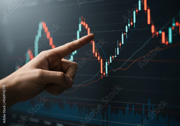 Fototapeta Business professional reviews intricate stock chart data displayed on a large monitor for investment insights.