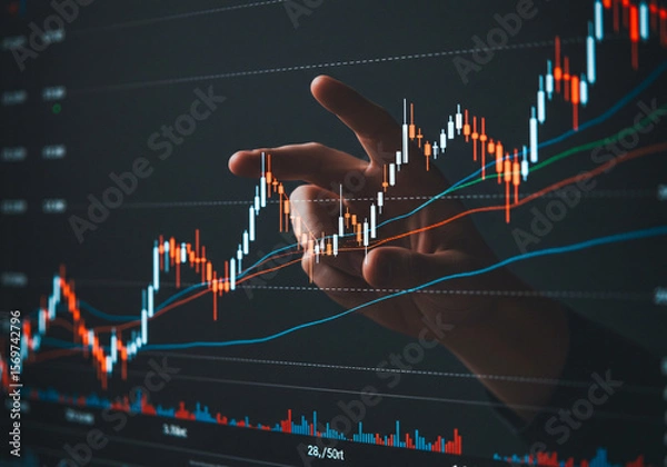 Fototapeta Professional hand points at detailed financial market analysis on a computer monitor in an office setting.