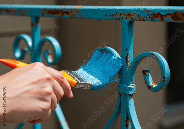 Fototapeta Close-up of brush applying glossy blue paint on a rusty iron railing