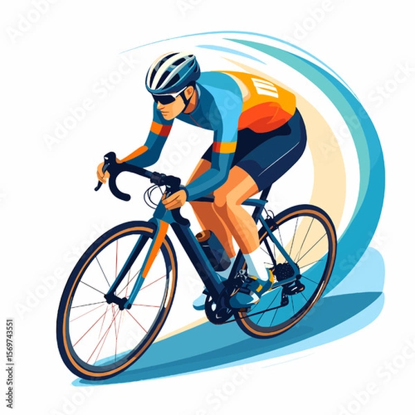 Obraz Dynamic Cyclist Racing with Speed in Blue and Orange Outfit in Abstract Style Illustration