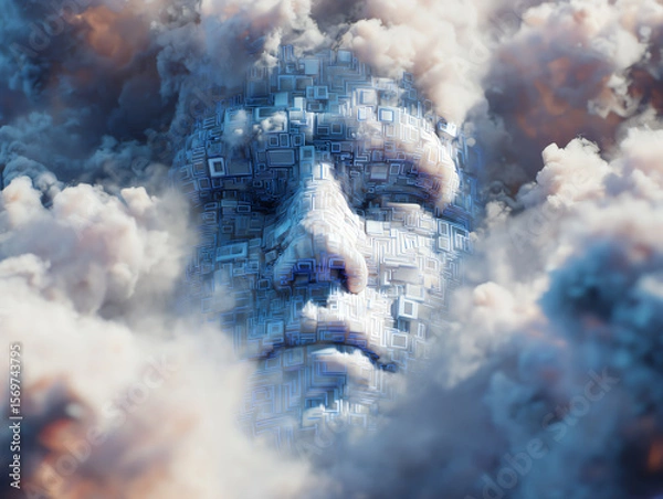 Fototapeta Conceptual human face emerging from clouds.