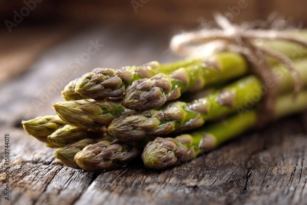 Obraz A bundle of fresh asparagus spears tied together on a weathered wooden surface focus on the tips