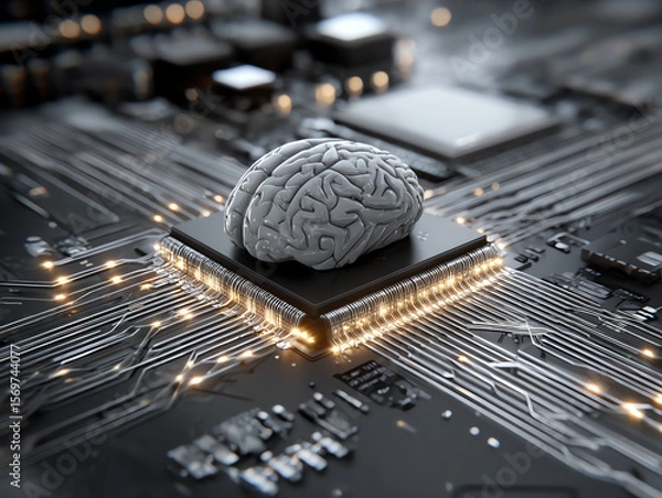 Fototapeta Digital brain on a microchip circuit board.