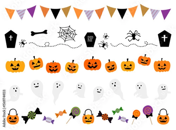 Fototapeta ハロウィンのラインイラストセット(幽霊 おばけ かぼちゃ お菓子 蜘蛛の巣 墓 ベクター 編集可能)